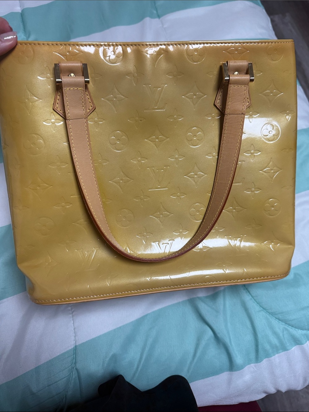 Louis Vuitton Yellow Vernis Monogram Patent Tote with Natural Leather Straps